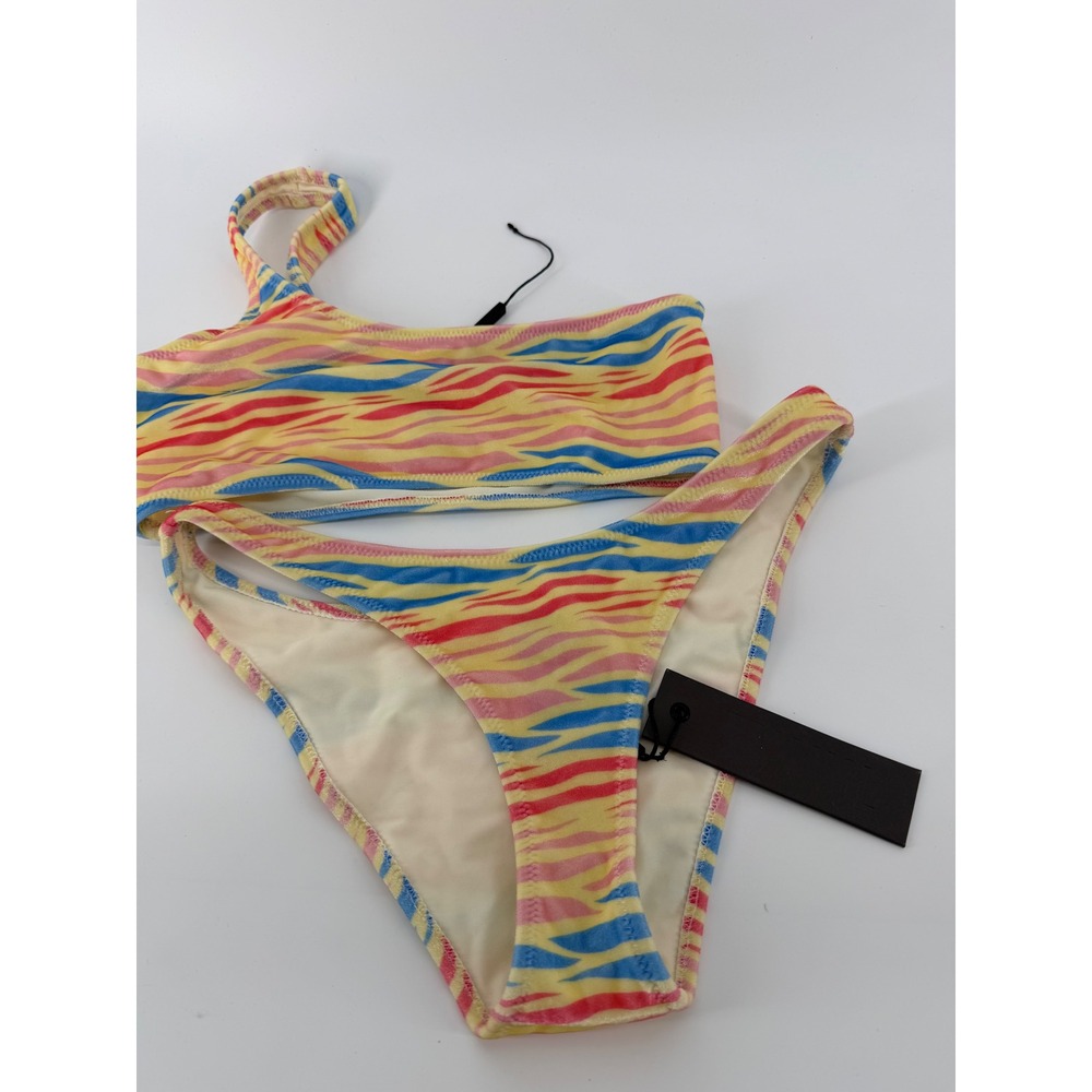 Triangl Velvet One Shoulder Bikini Set Multi Color Zebra Print Women Small NEW‎